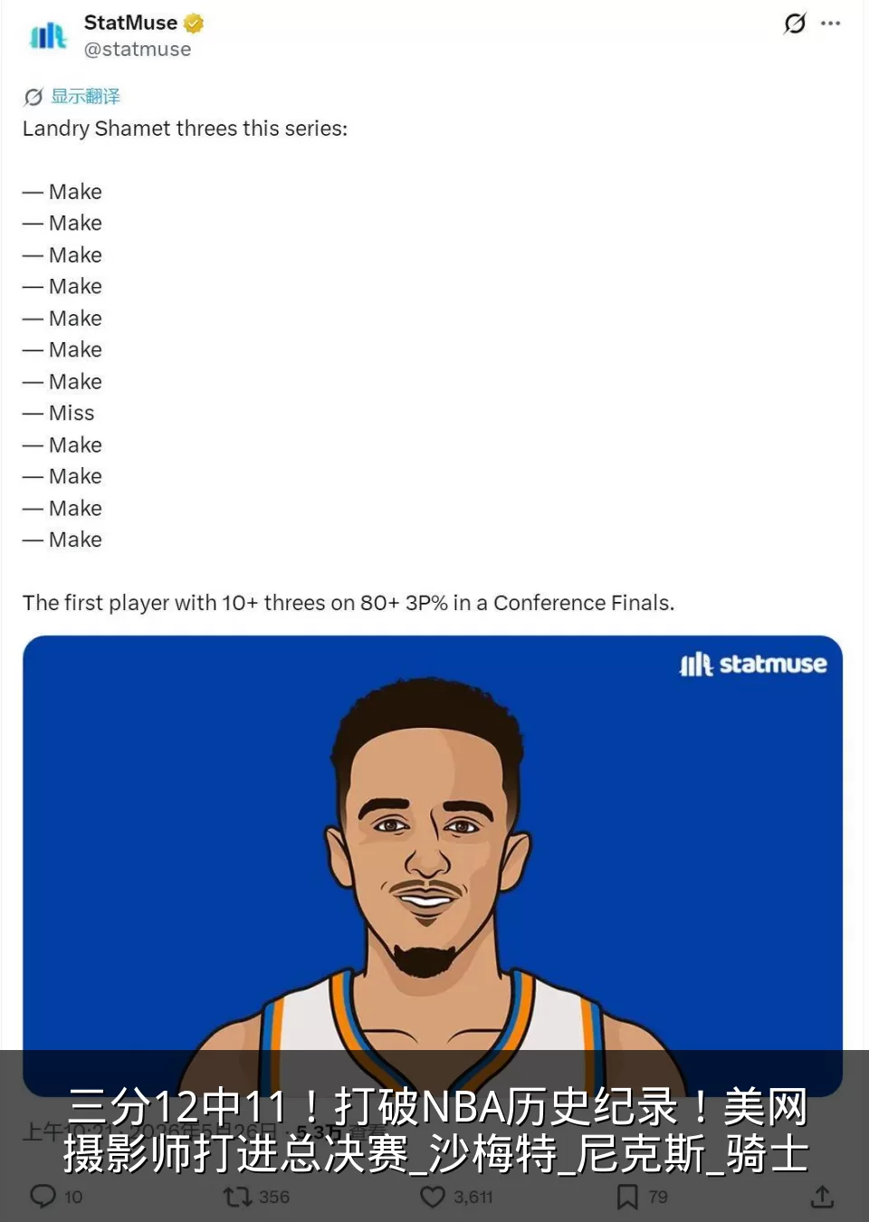 三分12中11!打破NBA历史纪录!美网摄影师打进总决赛_沙梅特_尼克斯_骑士